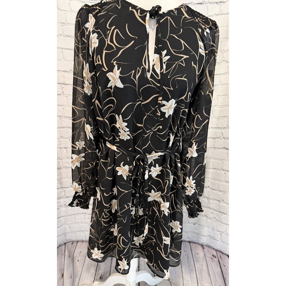 Elizabeth And James Dress Womens Black Beige Floral Chiffon Long Sleeve Shift L